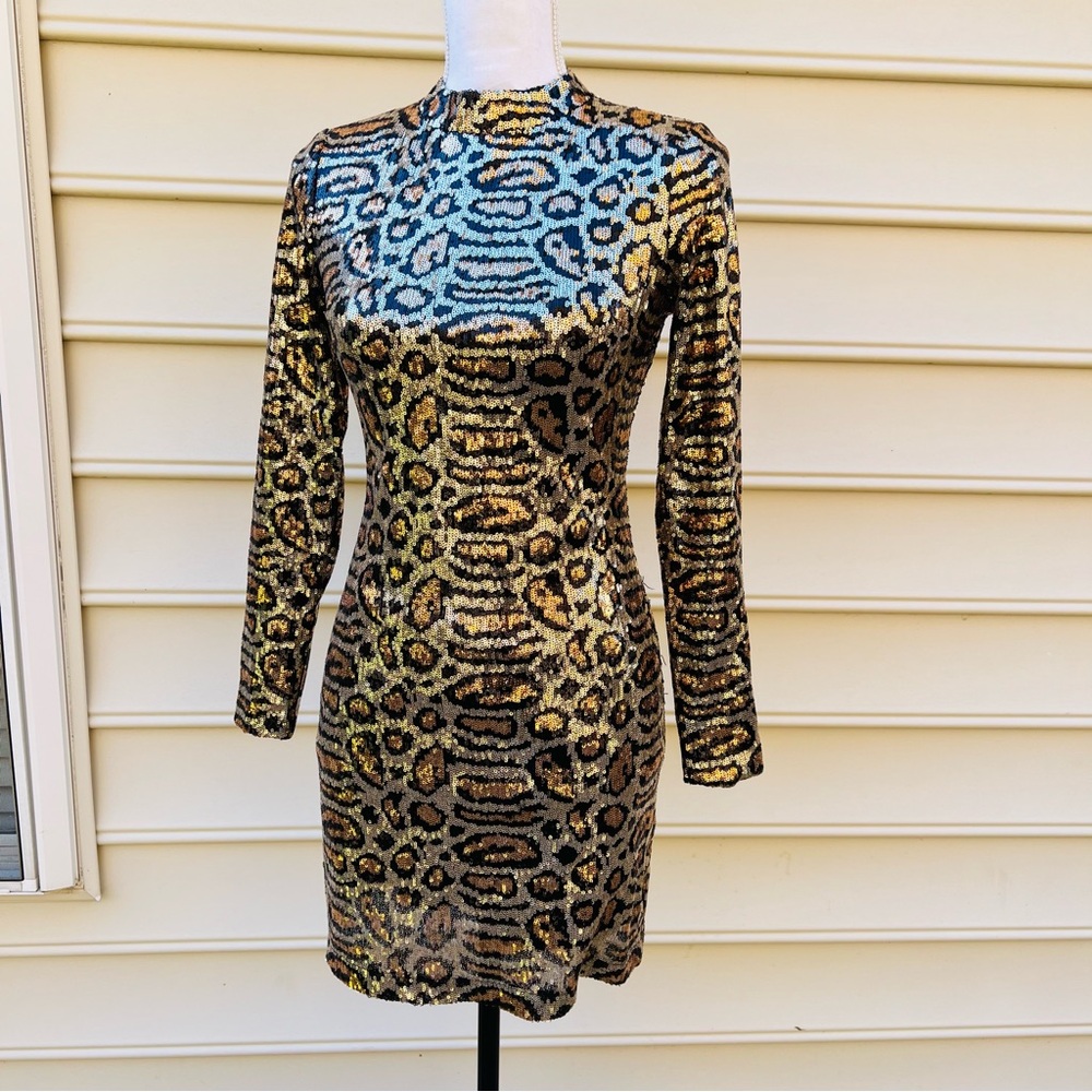 Top shop sequin leopard print body con dress long sleeve size 4